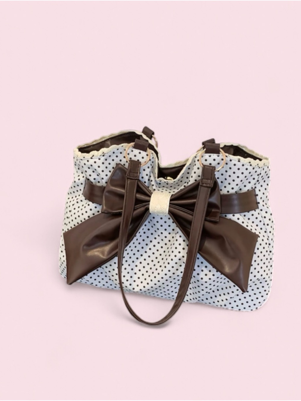 Polka Dot Bow Tote Bag in White and Brown